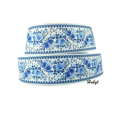 Galantéria - Rypsová stuha š.25 mm- modrý ornament - 14656711_