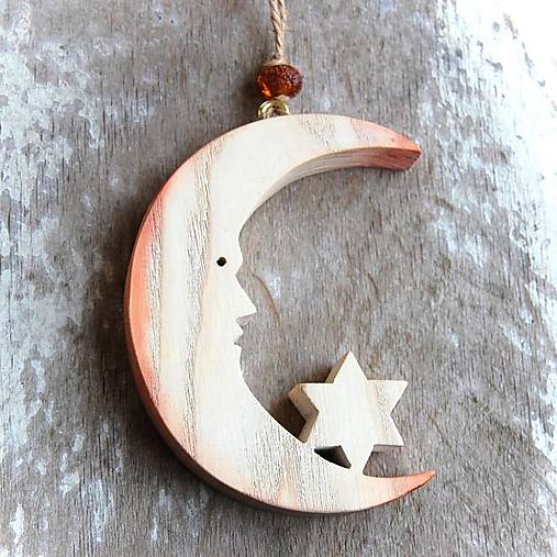 Dekorácie - Drevený Mesiac s hviezdou (Meď/Bronz) - 14656182_