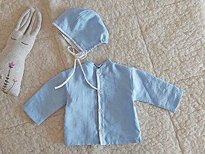 Detské oblečenie - Novorodenencká ľanová košieľka s čepčekom - modrá - 14655584_