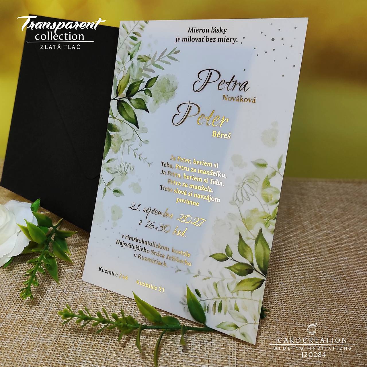 Transparentné svadobné oznámenie J20284 - zlaté (20-40 ks)