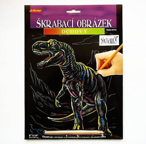 Škrabací obrázok, 20x25 cm  (dúhový, tyrannosaurus)