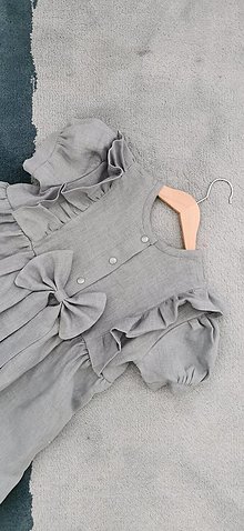 Detské oblečenie - Lastovička - detské ľanové šaty s krátkymi puff rukávikmi (prašná modrozelená) - 14666558_