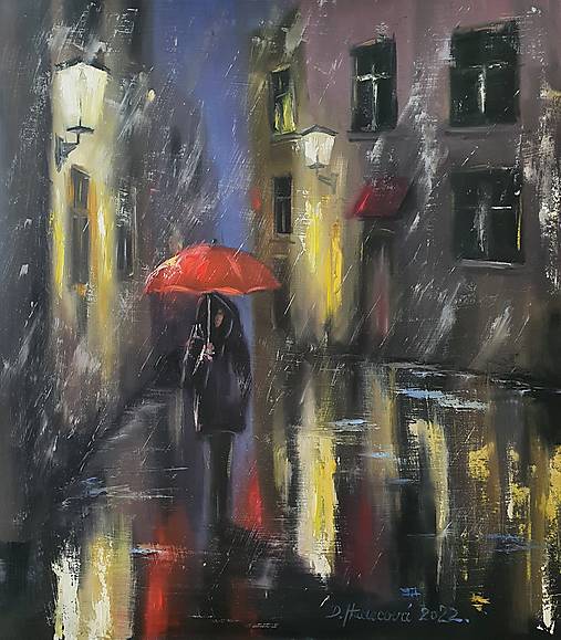 Obrazy - Obraz "Večer v meste"-olejomaľba, 44x49.5 cm-zarámovaný - 14673480_