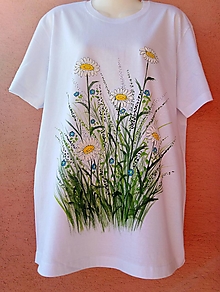 Topy, tričká, tielka - Margarétky, nezábudky... maľované tričko L biele - 14674964_