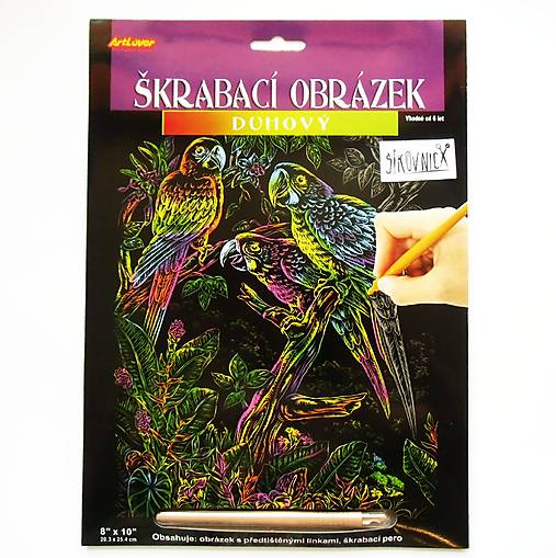 Škrabací obrázok, 20x25 cm  (dúhový, papagáje)