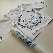 Detské oblečenie - Krstná maľovaná košieľka + svieca v (odtieňoch modrej s maľbou na rukávoch) - 14687253_