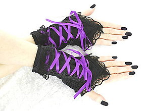 Rukavice - Bezprsté gothic čierno fialové rukavice  0990 - 14691476_