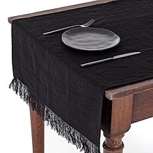 Úžitkový textil - Tom Linen stolný bežec so strapcami Čierna 65x140 - 14693360_