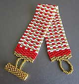 Bielo-červeno-zlatý ručne šitý korálkový rokajlový náramok