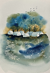 Grafika - Originál akvarel Domčeky pod stromami - 14701652_