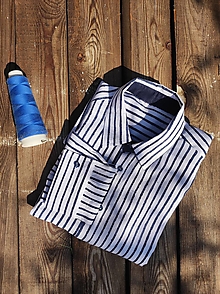 Pánske oblečenie - Ľanová pánska prúžkovaná košeľa (Bielo-modrá krátky rukáv) - 14710846_