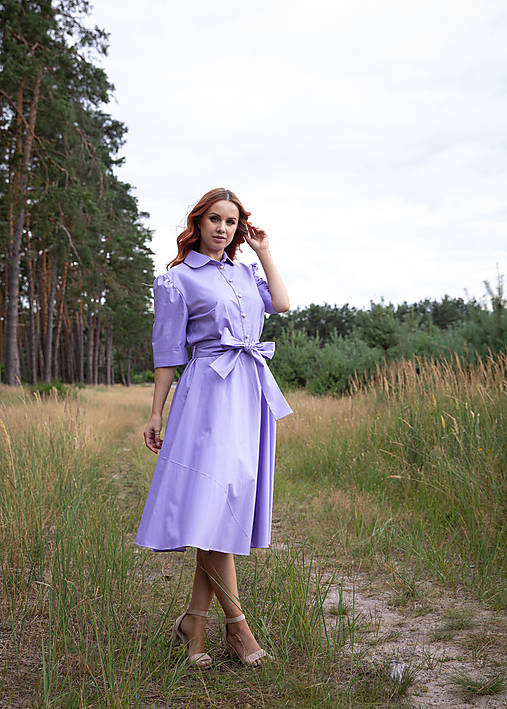 Bavlneno-saténové košeľové šaty Melisa s bodkami - fialkové