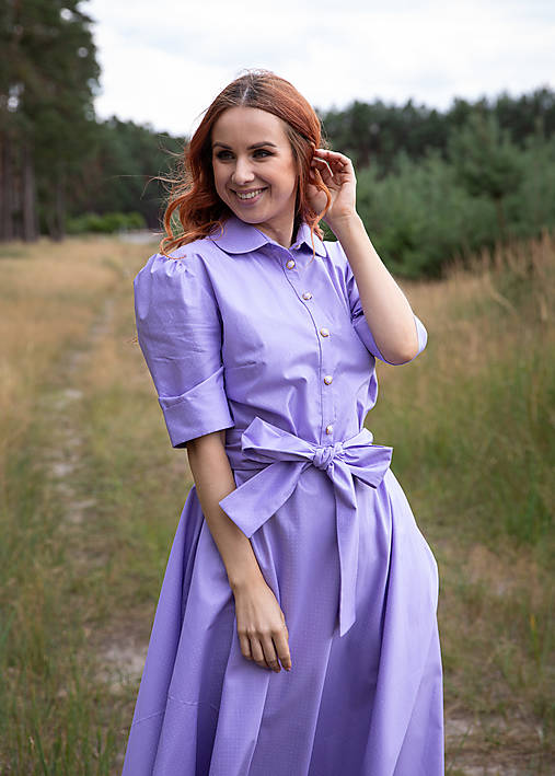 Bavlneno-saténové košeľové šaty Melisa s bodkami - fialkové