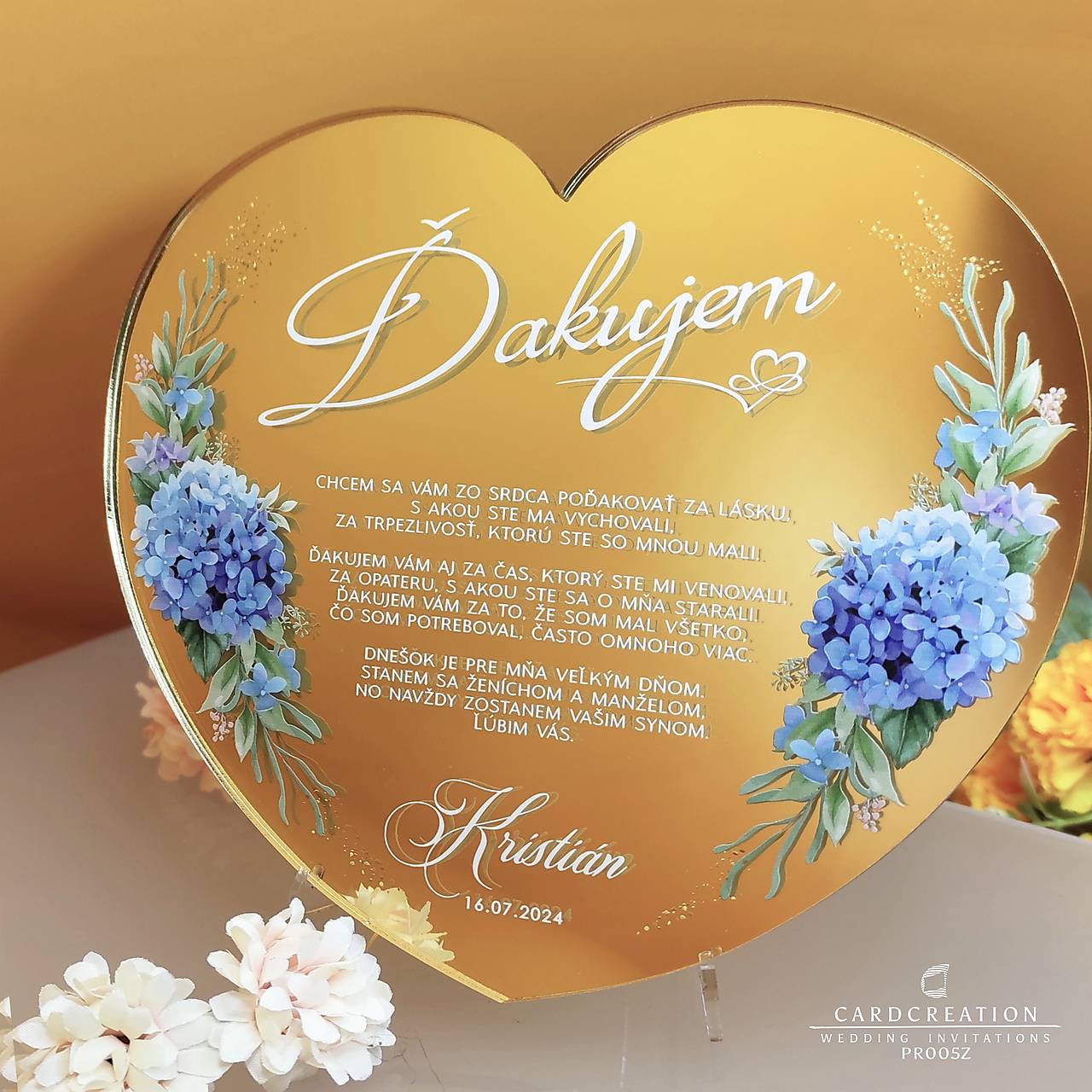 Poďakovanie rodičom zlaté zrkadlo PR005Z (Poďakovanie + stojanček (15x16cm))