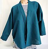 Kimoná - Ľanový kabátik kimonového vzhľadu "petrol" - 14716581_