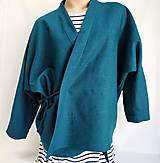 Kimoná - Ľanový kabátik kimonového vzhľadu "petrol" - 14716582_