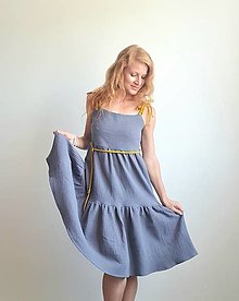 Šaty - Mušelínové šaty na ramienka - sivá farba (žlté ramienka + opasok) - 14735043_