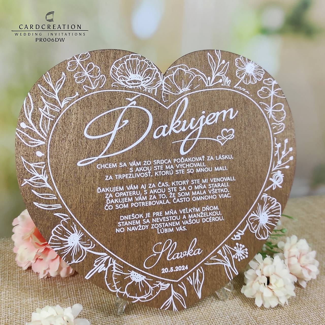 Poďakovanie rodičom drevené biela potlač PR006DW (Poďakovanie + stojanček (15x16cm))