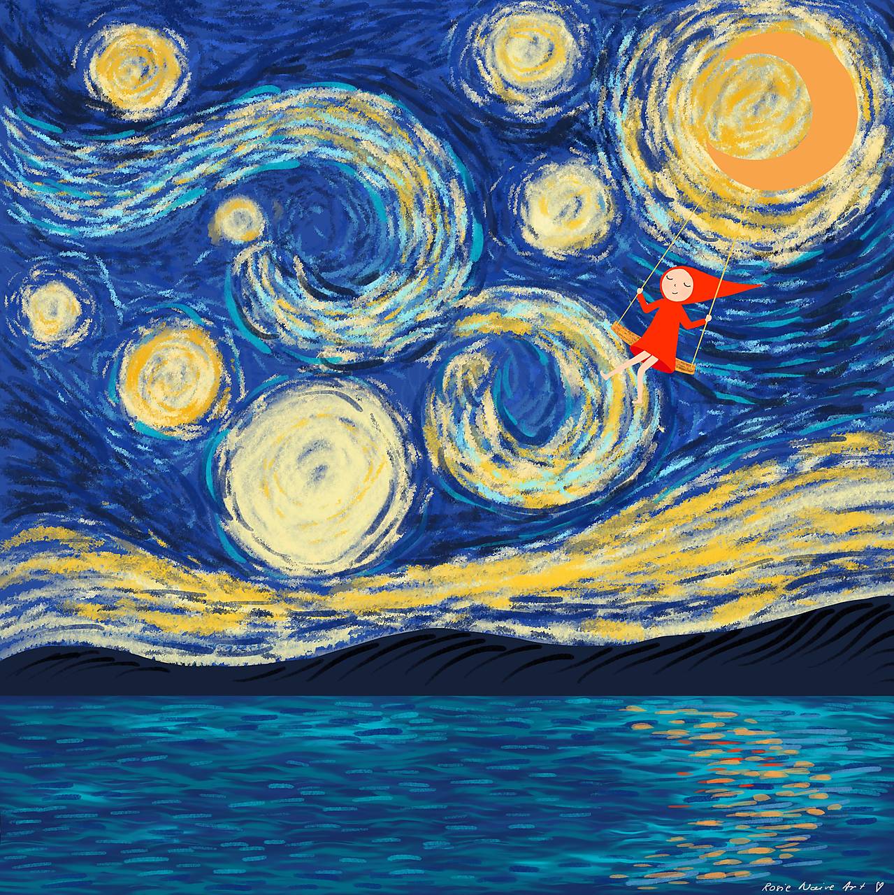 Red at Starry Night, Giclée artprint 30x36cm