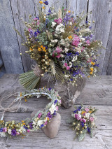 Svadobná kytica, pierko a venček zo sušených kvetov 