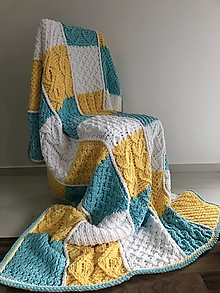 Úžitkový textil - Patchwork deka 180x120cm z Alize Puffy Fine tyrkysovo-bielo-žltá - 14750429_