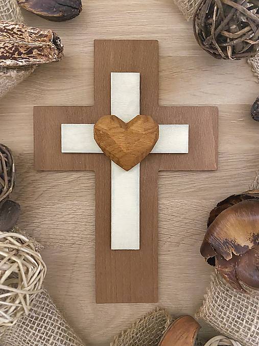 Dekorácie - Kríž vintage brown / heart - 14755683_