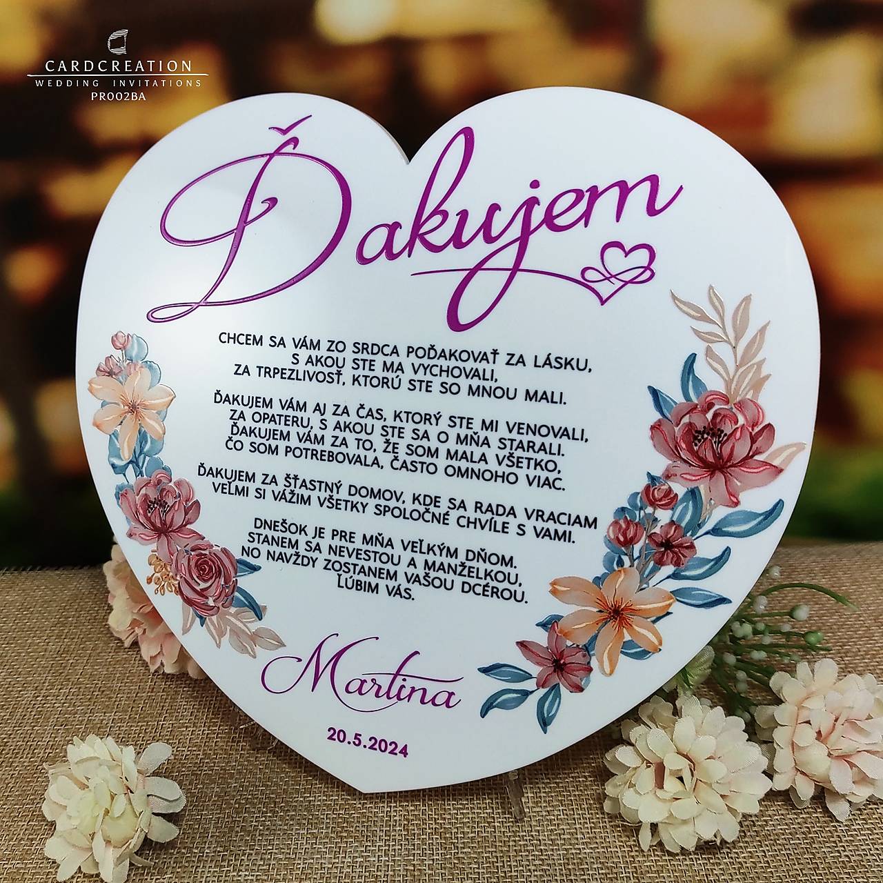 Srdcové poďakovanie rodičom na mliečnom akryle PR002BA (Veľkosť 15x16cm)