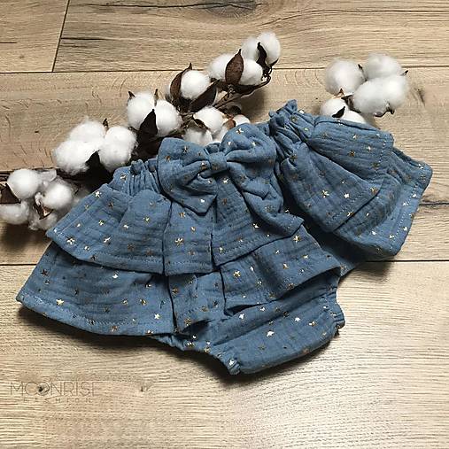 Detské oblečenie - Mušelínové čukotky s volánmi a mašličkou - petrol stars - 14758215_