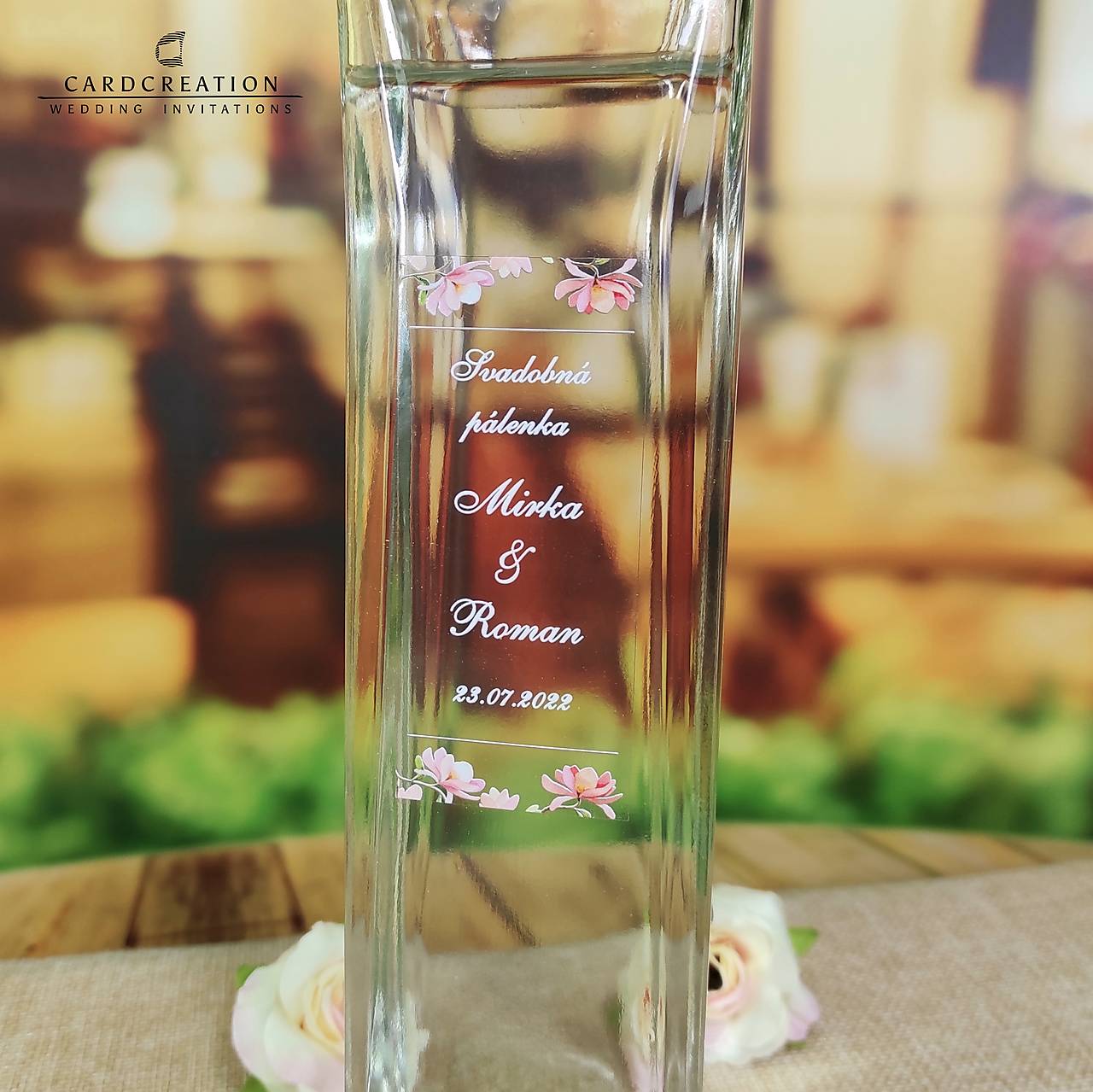 Transparetné svadobné etikety na fľašu pálenky (40 - 49 ks)