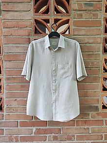 Pánske oblečenie - Ľanová pánska prúžkovaná košeľa (Béžovo-biela dlhý rukáv) - 14760841_
