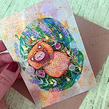 Papiernictvo - V čarovnom lese spí medvedík - trblietavá holografická pohľadnica s obálkou - 14763268_