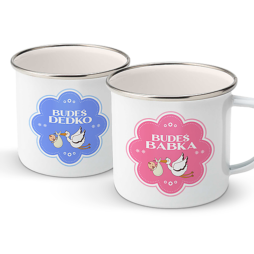 Nádoby - BUDEŠ BABKA, BUDEŠ DEDKO double set smaltovaných hrnčekov - 14766687_