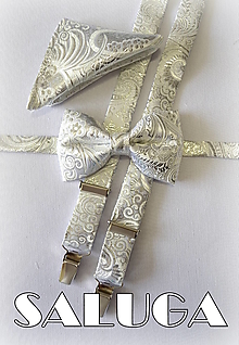 Pánske doplnky - Pánsky strieborný luxusný svadobný motýlik - vzorovaný - pre ženícha - 14775463_