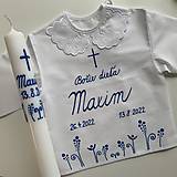 Detské oblečenie - Krstná ručne maľovaná ľudovoladená (Košieľka + svieca s krížom v hornej časti a s kvetmi v modrom) - 14774782_