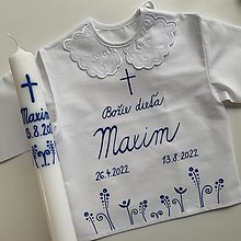 Detské oblečenie - Krstná ručne maľovaná ľudovoladená (Košieľka + svieca s krížom v hornej časti a s kvetmi v modrom) - 14774784_