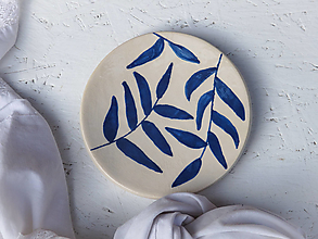 Nádoby - Keramický malý tanierik - kolekcia Modré listy (Tmavomodrý) - 14785241_