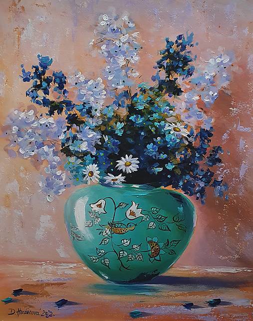 Obrazy - Obraz "Kvety v  tyrkysovom džbáne"- rozmer 40x50 cm - 14785997_