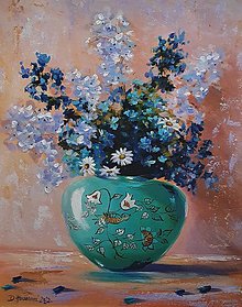 Obrazy - Obraz "Kvety v  tyrkysovom džbáne"- rozmer 40x50 cm - 14785997_
