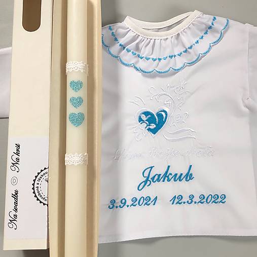 Detské oblečenie - Košieľka na krst k12 iná modrá a sviečka na krst srdiečka iná modrá - 14792734_