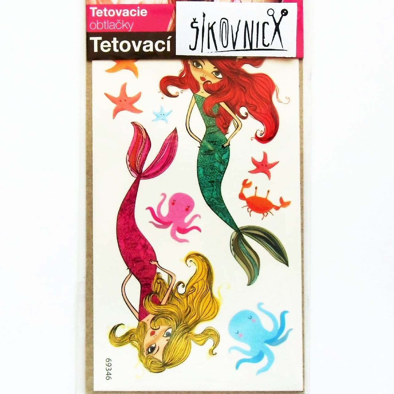 Dočasné tetovačky, 10,5x6 cm, glitrové (morské panny, chobotnica)