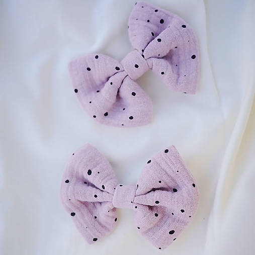 Ozdoby do vlasov - Detské mušelínové sponky s mašľou pink black dots - 2ks - 14795921_