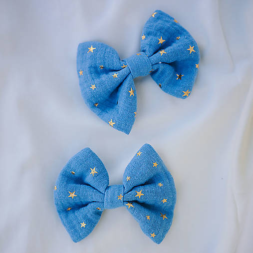 Ozdoby do vlasov - Detské mušelínové sponky s mašľou blue gold stars - 2ks - 14795922_