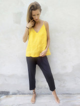Topy, tričká, tielka - Ľanový top na ramienka žltý - 14796351_