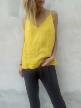 Topy, tričká, tielka - Ľanový top na ramienka žltý - 14796359_