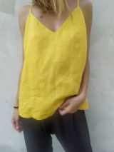 Topy, tričká, tielka - Ľanový top na ramienka žltý - 14796361_