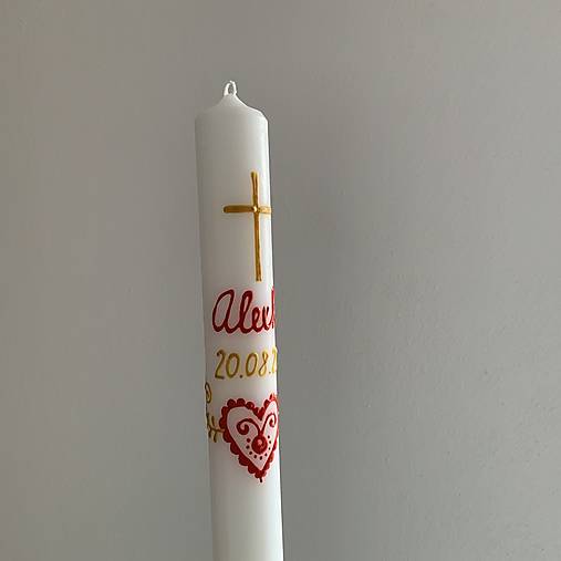 Krstná maľovaná ľudovoladená (Červeno zlatá kombinacia s krížikom (sada košieľka + svieca))