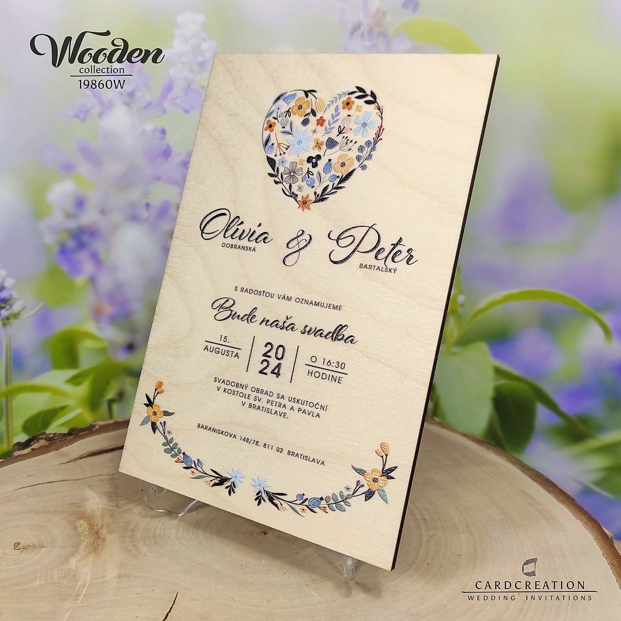 Kvetinové svadobné oznámenie na drevenej preglejke N19860W (101 a viac ks)
