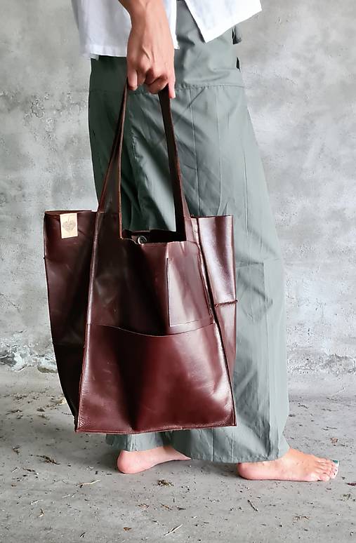 Veľké tašky -  TMAVOHNEDÁ kožená shopper kabelka - 14808526_