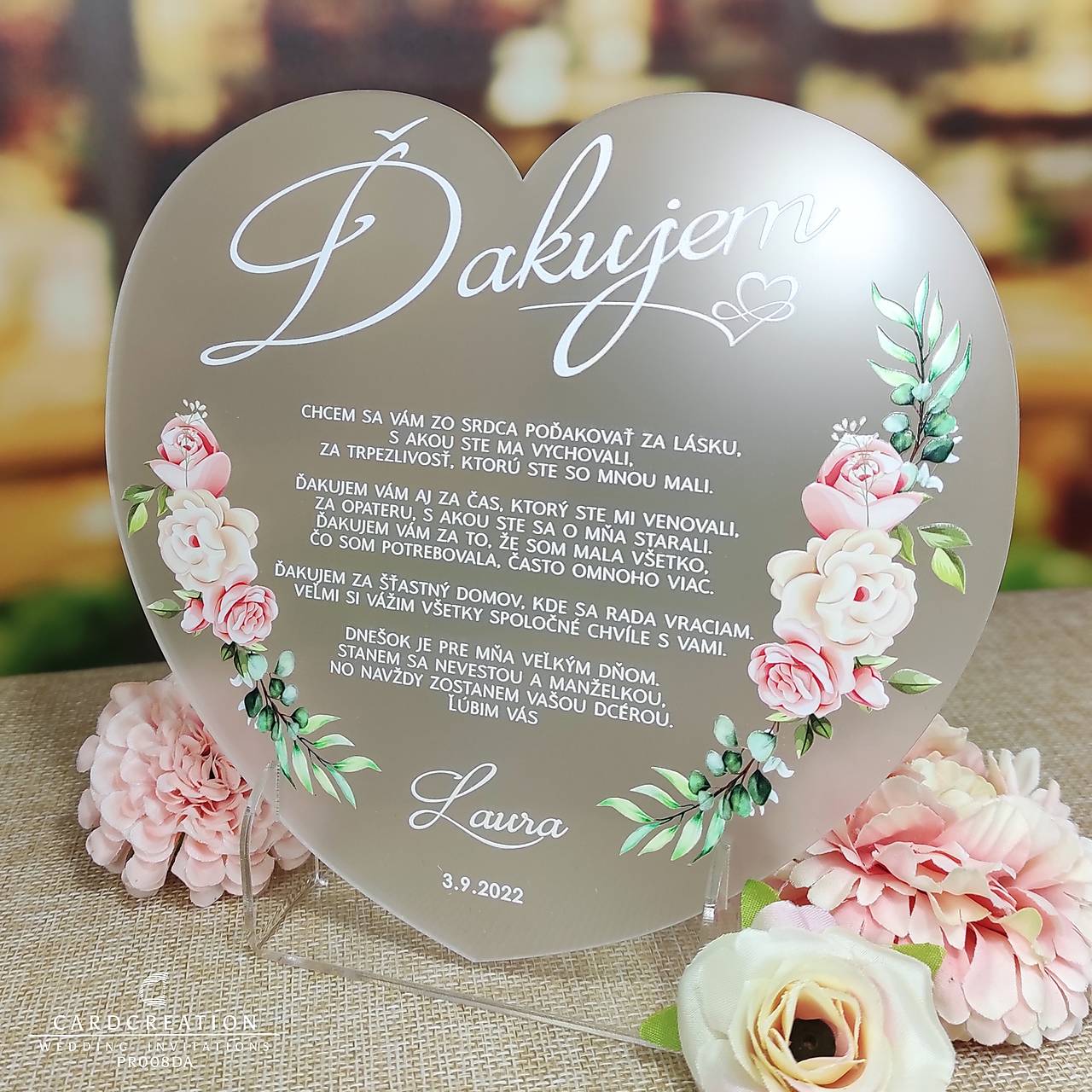 Transparentné poďakovanie rodičom PR008DA (Poďakovanie + stojanček (15x16cm))