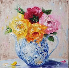 Obrazy - Obraz "Ruže v  čajníku" - olejomaľba, plátno, 30x30 cm - 14817048_
